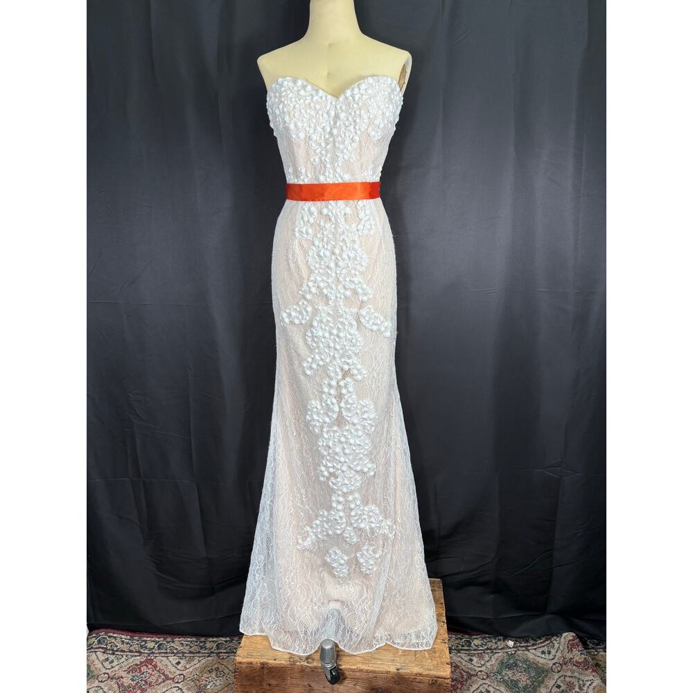 JOVANI Lace Strapless Ball Gown with Elegant Beadwork Orange Belt Prom Dress 12